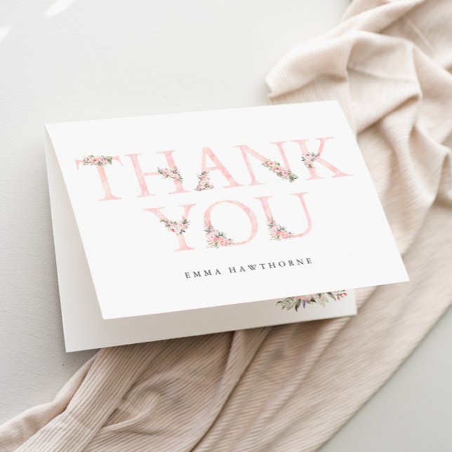 Carte De Remerciements Typographie florale simple Baby shower rose (Elegant Floral Typography Pink Baby Shower Thank You Cards.)