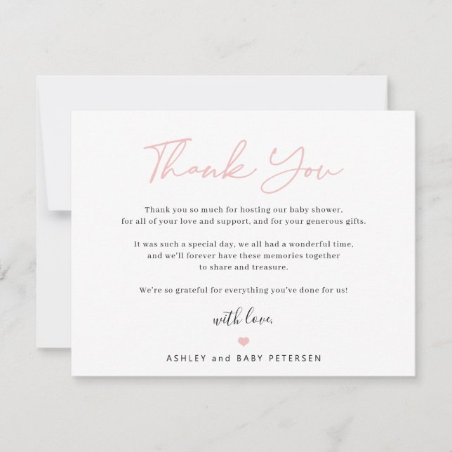 Carte De Remerciements Typographie moderne écriture rose baby shower fill (Devant)