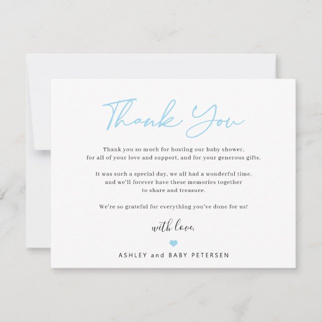 Carte De Remerciements Typographie moderne script bleu garçon baby shower (Devant)