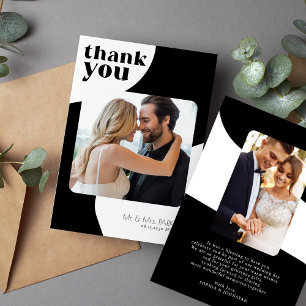 Carte De Remerciements Typographie rétro 2 photo mariage noir et blanc