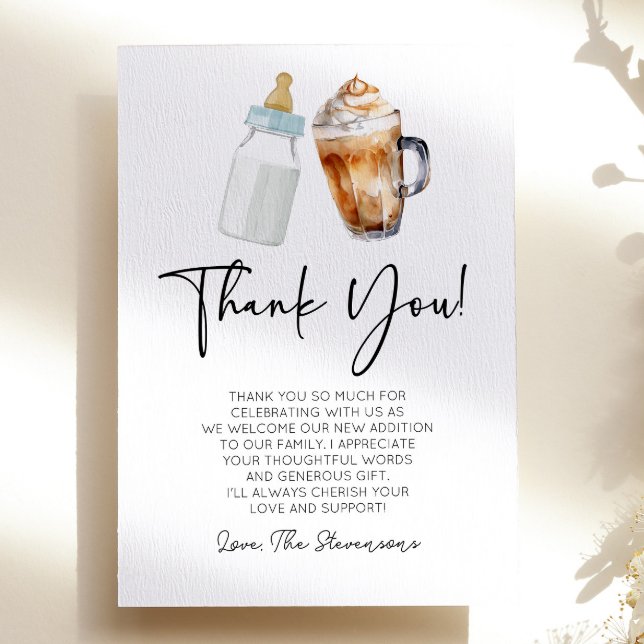 Carte De Remerciements Un Bébé brasse une bouteille de café Baby shower (Créateur téléchargé)