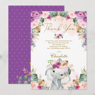 Carte De Remerciements Un Boho sauvage Éléphant rose violet fleuri Annive
