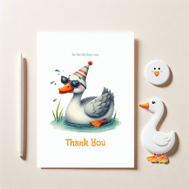 Carte De Remerciements Un joyeux premier anniversaire d'oie (One Silly Goose 1st Birthday Thank You Card)