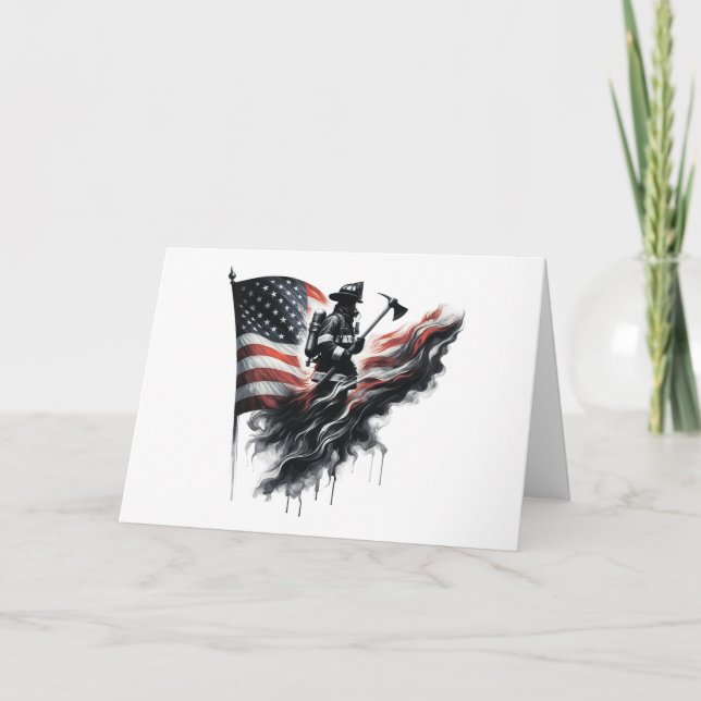Carte De Remerciements Un pompier américain.Drapeau des Etats-Unis. (Devant)