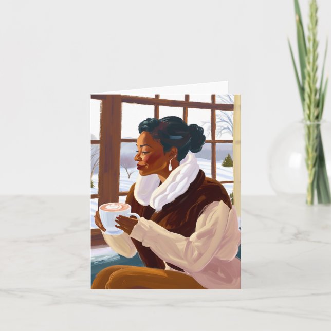 Carte De Remerciements Une femme afro-américaine boit du cacao en hiver (Devant)