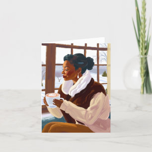 Carte De Remerciements Une femme afro-américaine boit du cacao en hiver