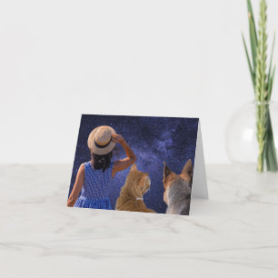 Carte De Remerciements Une fille avec chat et chien regardant l'espace lu