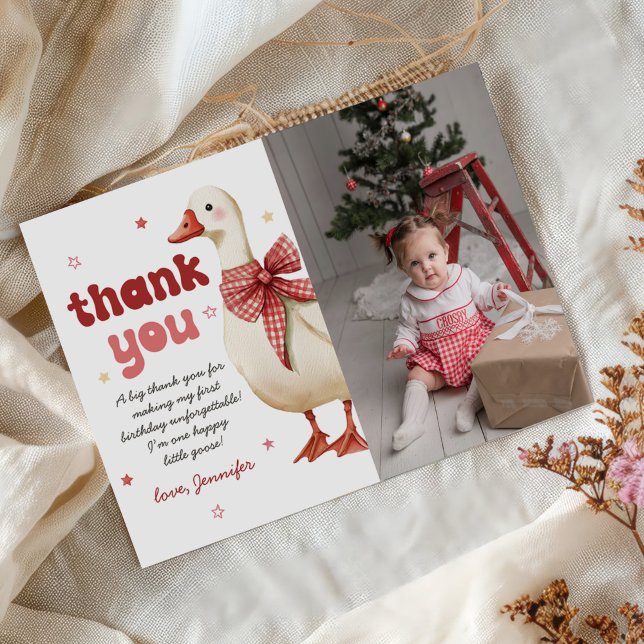 Carte De Remerciements Une oie sotte Noël Bow 1er anniversaire Photo (Créateur téléchargé)
