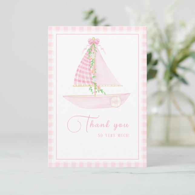 Carte De Remerciements Une petite Fête de Bébé Rose à Carreaux Pastel Ski (Debout devant)