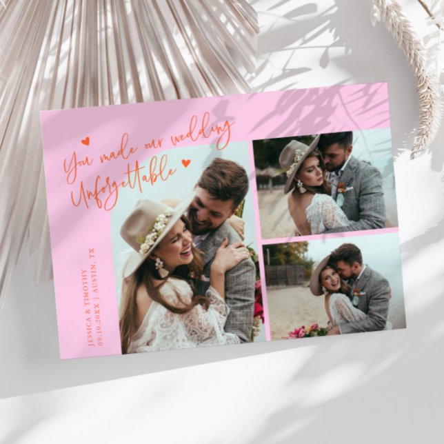 Carte De Remerciements Unforgettable Wedding Orange Pink Multi Photo (Créateur téléchargé)