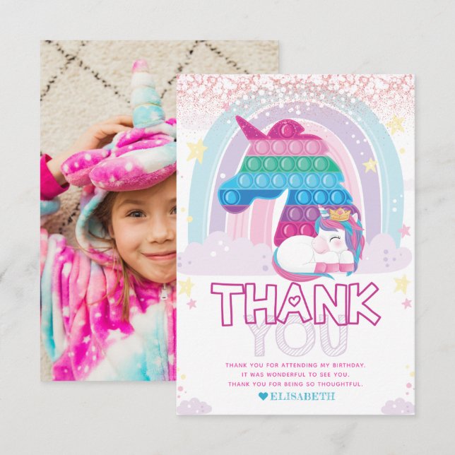 Carte De Remerciements Unicorn Pop It Anniversaire Photo (Devant / Derrière)