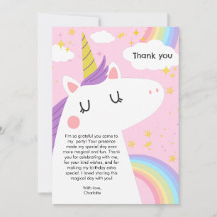 Carte De Remerciements Unicorne colorée et Rainbows fête d'anniversaire