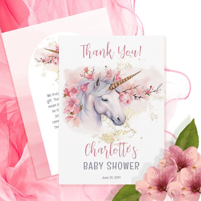 Carte De Remerciements Unicorne mystique | Baby shower rose floral fille (Créateur téléchargé)
