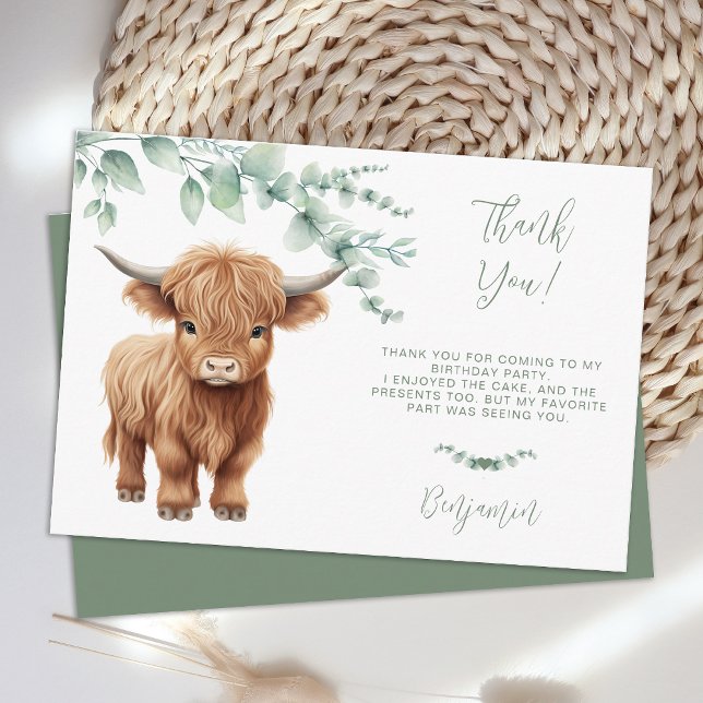 Carte De Remerciements Vache des Highlands Ferme Animaux Enfants Annivers (Créateur téléchargé)