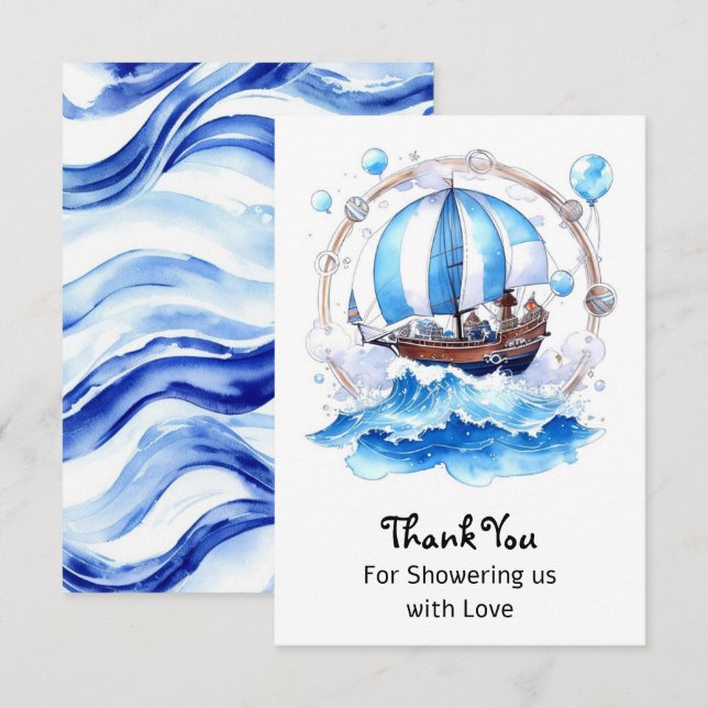 Carte De Remerciements Vagues douces : Baby shower de garçon nautique (Devant / Derrière)