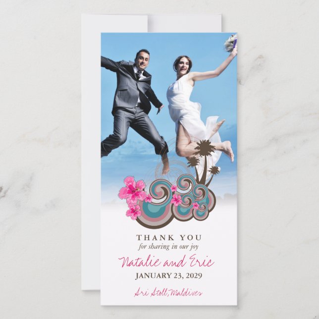 Carte De Remerciements Vagues tropicales Hibiscus rose Destination Mariag (Devant)