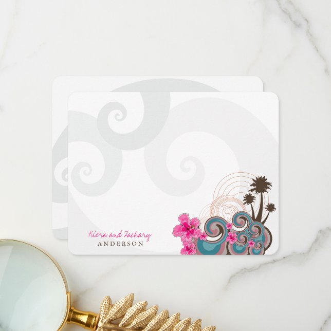 Carte De Remerciements Vagues tropicales Hibiscus rose Destination Mariag (Devant/Arrière en situation)