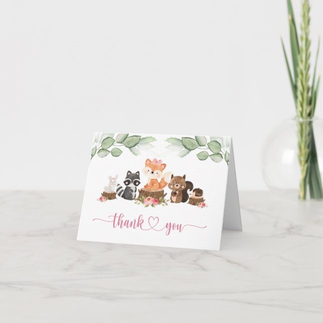 Carte De Remerciements Végétation animale boisée Baby shower rose (Devant)