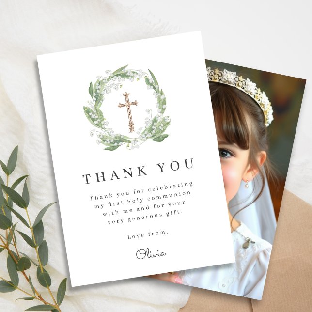 Carte De Remerciements Végétation florale blanche Première communion Phot (Créateur téléchargé)