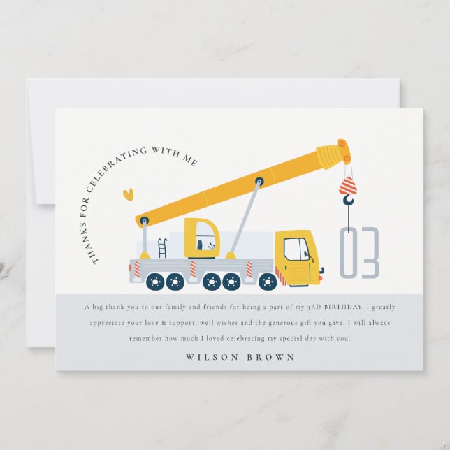 Carte De Remerciements Véhicule de construction de camion grue Anniversai (Devant)
