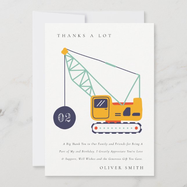 Carte De Remerciements Véhicule de grue de construction mignon pour anniv (Devant)