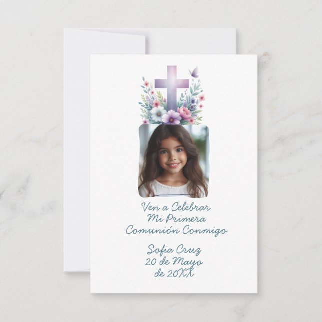 Carte De Remerciements Ven A Celebrar Mi Primera Comunión con Foto Flores (Devant)