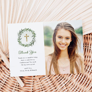 Carte De Remerciements Verdure et Croix d'or   Confirmation photo