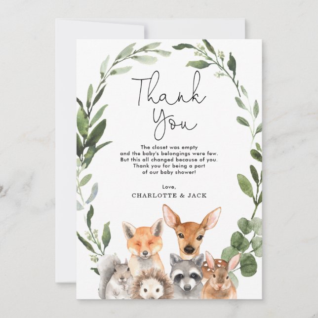 Carte De Remerciements Verdure moderne Bois Animaux Baby showers préférés (Devant)