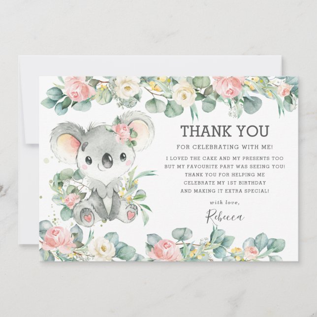 Carte De Remerciements Verdure rose florale Cute Koala 1ère fille d'anniv (Devant)