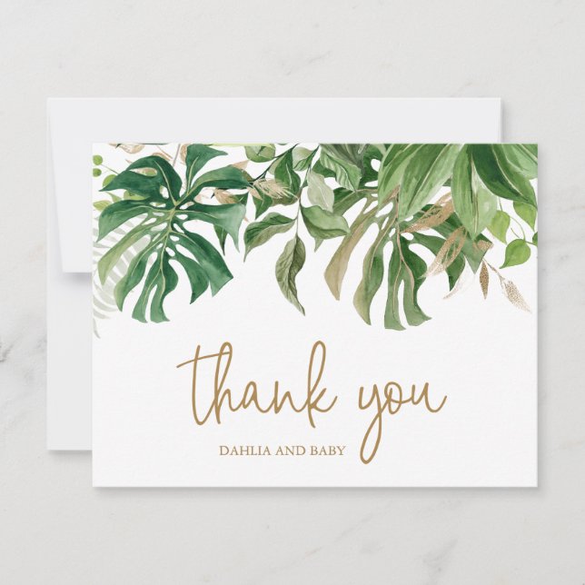Carte De Remerciements Verdure tropicale Or Sexe Baby shower neutre (Devant)