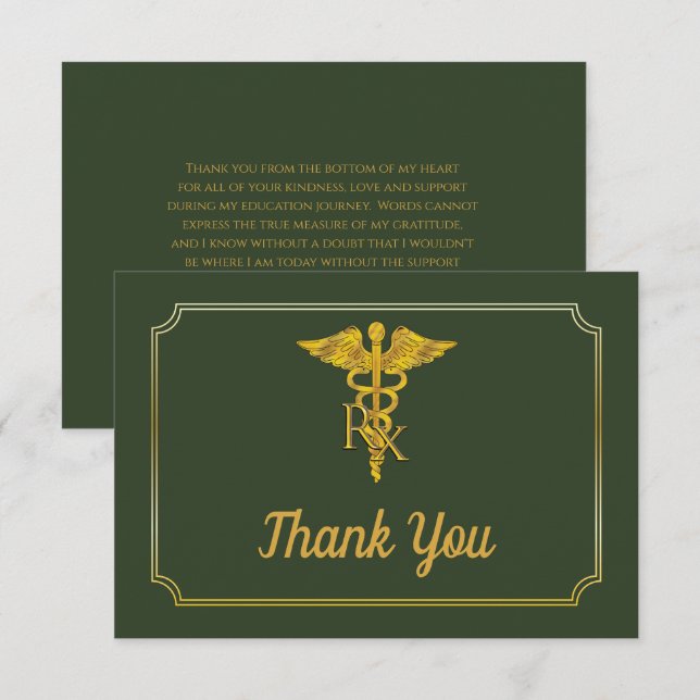 Carte De Remerciements Vert élégant | Gold Rx Pharmacy Graduation (Devant / Derrière)
