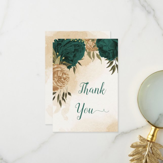 Carte De Remerciements Vert émeraude beige or botanique mariage (Devant/Arrière en situation)