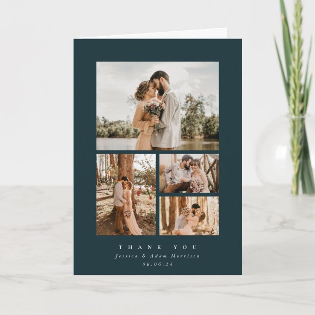 Carte De Remerciements Vert foncé Élégant minimal 4 Mariage photo (Devant)