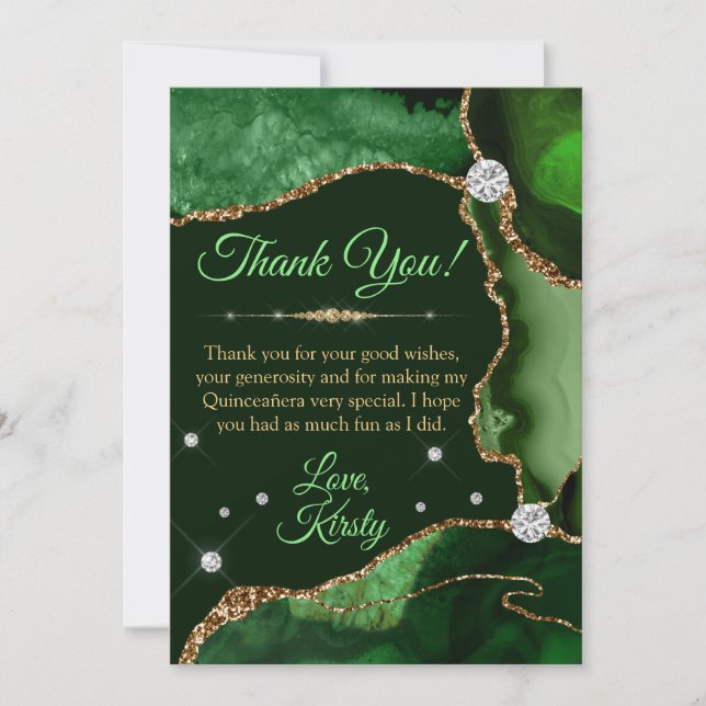 Carte De Remerciements Vert foncé et or Parties scintillant Faux Agate Qu (Devant)
