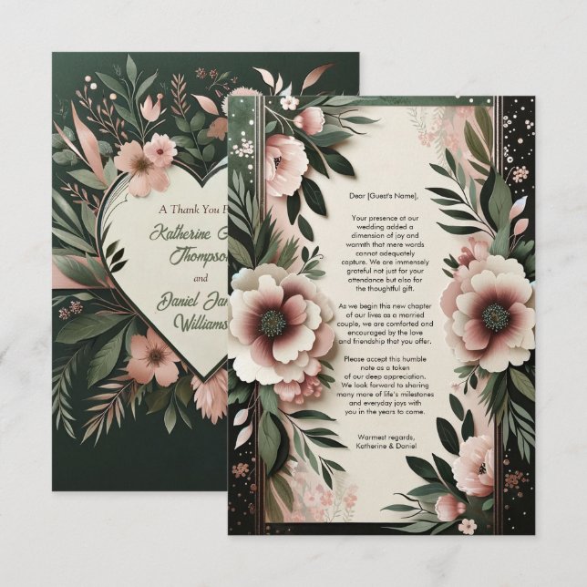 Carte De Remerciements Vert foncé luxuriant et rose pâle Mariage floral (Devant / Derrière)