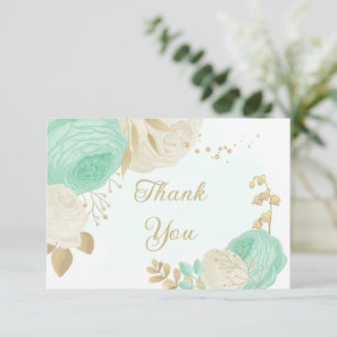Carte De Remerciements vert menthe et fleurs blanches or fleuri mariage