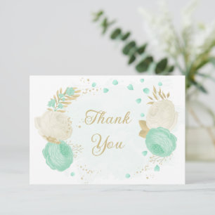 Carte De Remerciements vert menthe et fleurs blanches or fleuri mariage