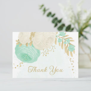 Carte De Remerciements vert menthe et fleurs blanches or fleuri mariage