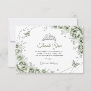 Carte De Remerciements Vert sauge Argent Floral Quinceanera