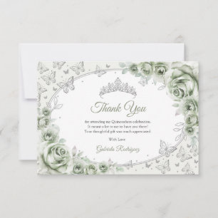 Carte De Remerciements Vert sauge argent Quinceanera floral