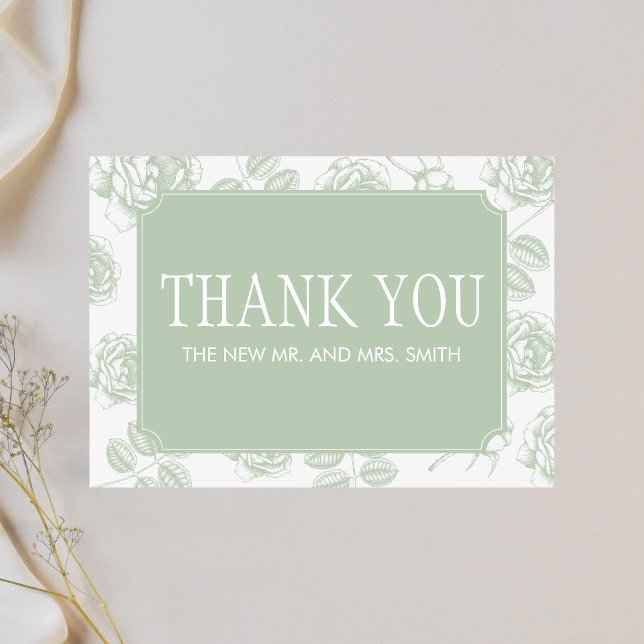 Carte De Remerciements Vert sauge Élégant Mariage Chinoiserie (Sage Green Vintage Elegant Wedding Thank you Card
)