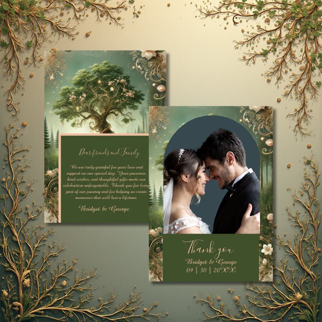 Carte De Remerciements vert Whimsical Medieval Forest photo et Mariage (Créateur téléchargé)