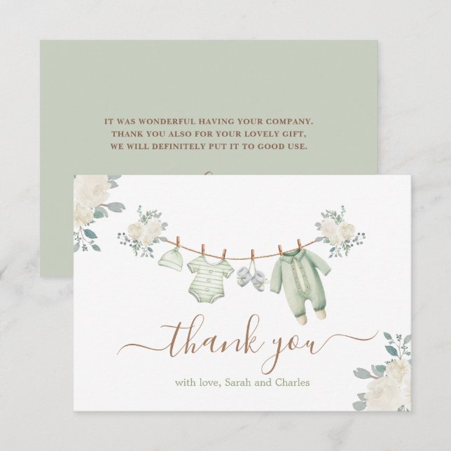 Carte De Remerciements Vêtements de Baby shower Sage Green pour bébé Cart (Devant / Derrière)