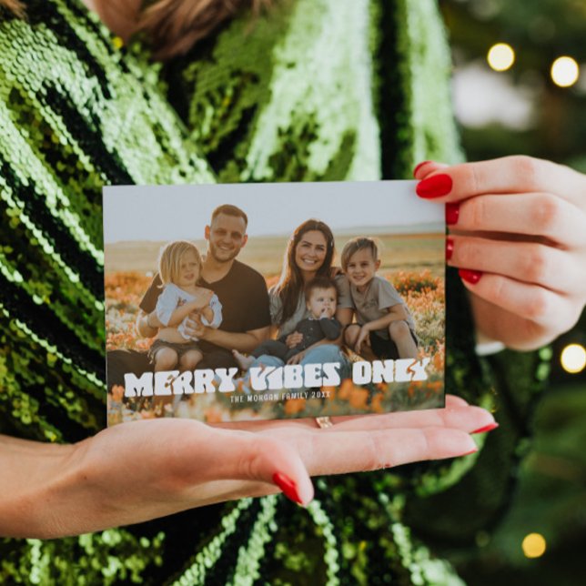 Carte De Remerciements Vibes de Noël Rétro (Retro Merry Vibes Only Holiday Card with Photo)