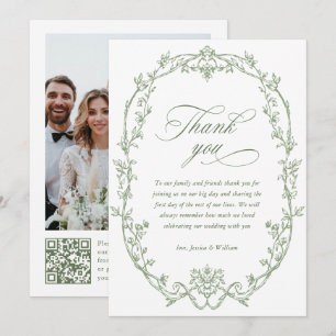 Carte De Remerciements Victorian Ornate Floral Sage Vert Mariage QR cod