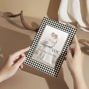 Carte De Remerciements Vieux Argent à Carreaux Noirs Photo Mariage Plié