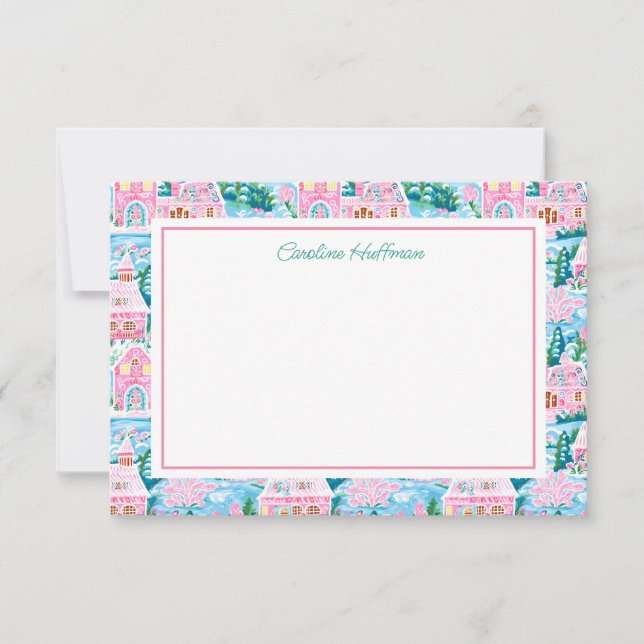 Carte De Remerciements Village de Noël rose Preppy Personnalisé (Devant)