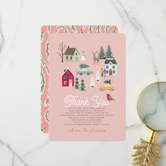 Carte De Remerciements Ville/Village Baby shower rose (Devant/Arrière en situation)