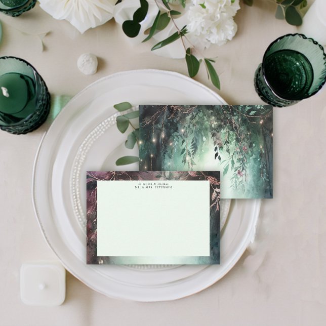 Carte De Remerciements Vins magiques de la Forêt enchantée Mariage Mauve  (enchanted forest wedding couple thank you modern elegant romantic watercolor gold vines emerald)