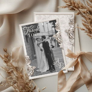 Carte De Remerciements Vintage Baroque Floral Monogramme Photo Mariage